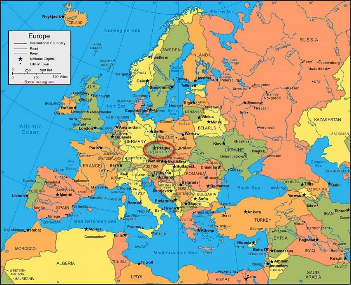 na mapie Europy w Pradze